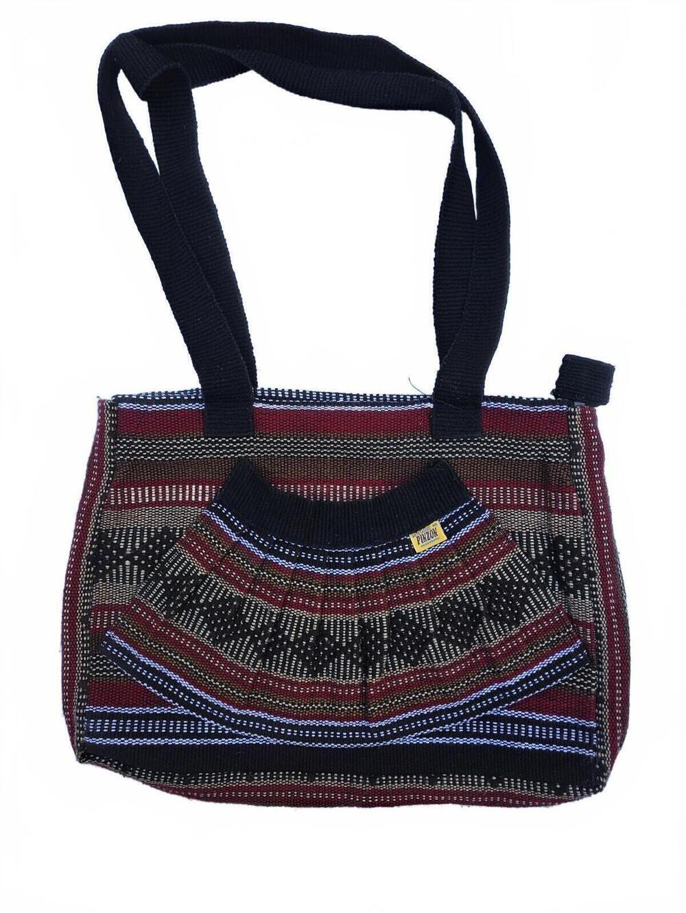 Pinzon Woven Shoulder Bag W Front Pouch and Zipper Close. Black Red Cream Grey